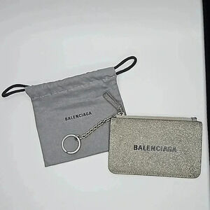 Balenciaga Silver Glitter Zippy Pouch with Key Ring, dust bag included
